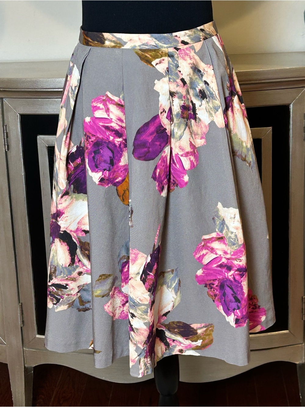 Trina Turk Gray Circle Skirt with Pink & Purple Floral Print